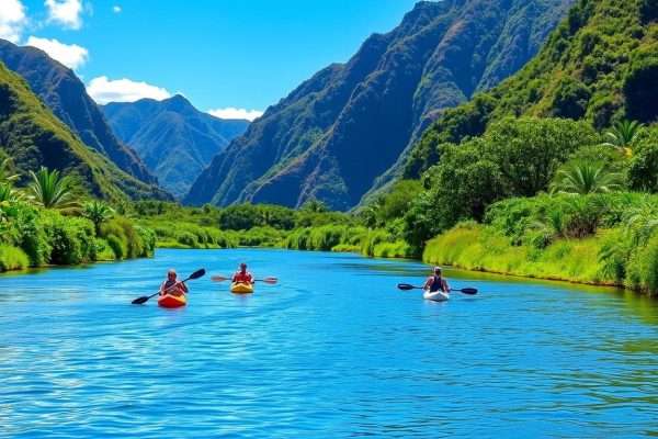 Wailua River on Kauai with kayakers