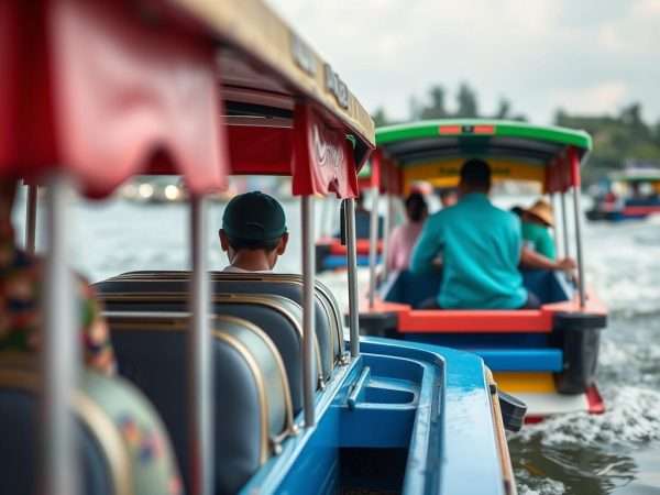 Water taxis transporting passengers along the Brunei River in the capital of Brunei Water taxis transporting passengers along the Brunei River in the capital of Brunei