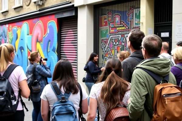 A guided street art tour in progress with participants photographing murals in Shoreditch A guided street art tour in progress with participants photographing murals in Shoreditch