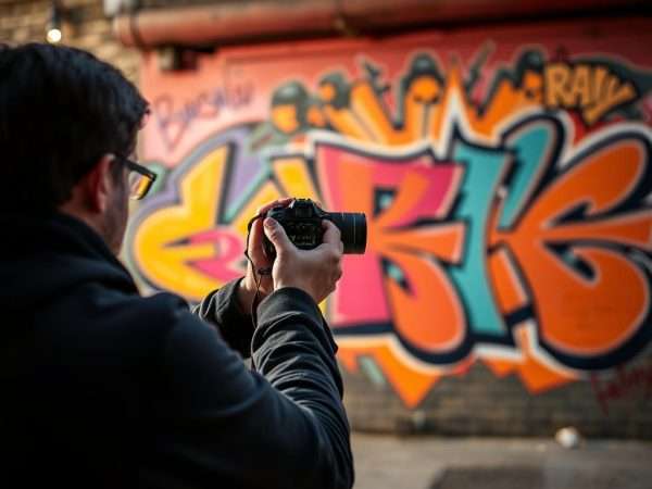 A photographer capturing Shoreditch street art with proper technique and equipment A photographer capturing Shoreditch street art with proper technique and equipment