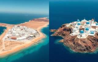 Aerial view comparing Mykonos and Santorini landscapes side by side showing Mykonos vs Santorini