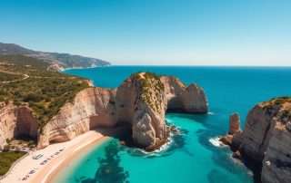 Aerial view of Costa Brava coastline showing the best beaches in Girona with turquoise waters and rugged cliffs
