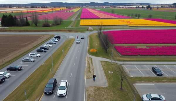 Aerial view of parking areas and traffic near tulip fields during peak bloom at Skagit Valley Tulip Festival Aerial view of parking areas and traffic near tulip fields during peak bloom at Skagit Valley Tulip Festival