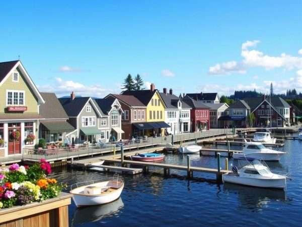 Charming waterfront view of La Conner with historic buildings and boats in the channel Charming waterfront view of La Conner with historic buildings and boats in the channel
