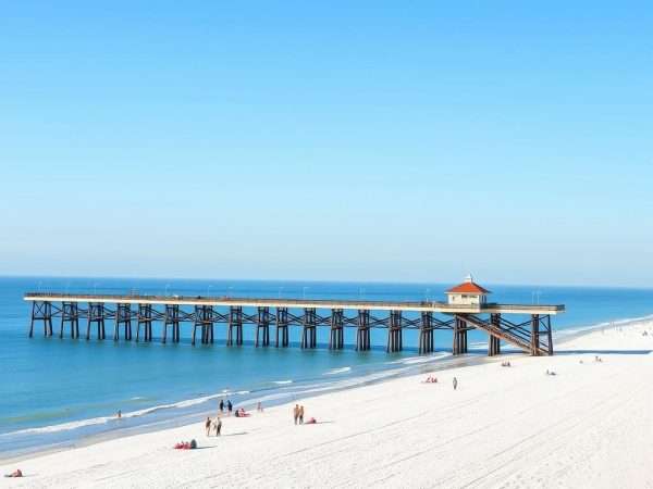 Clearwater Beach with Pier 60 and white sand in December sunshine