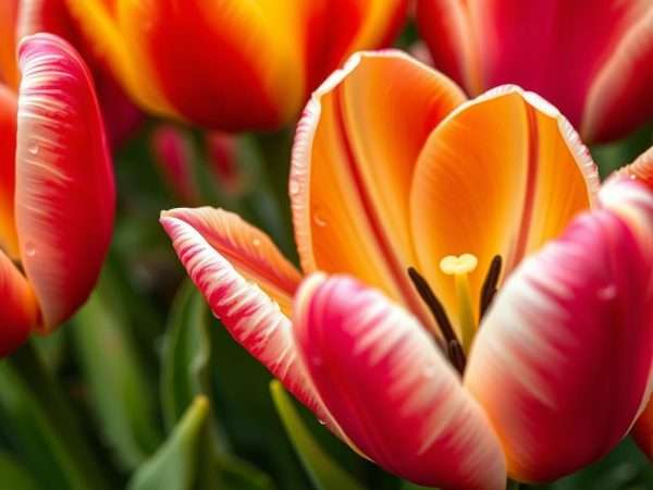 Close-up of colorful tulips with water droplets at Skagit Valley Tulip Festival Close-up of colorful tulips with water droplets at Skagit Valley Tulip Festival