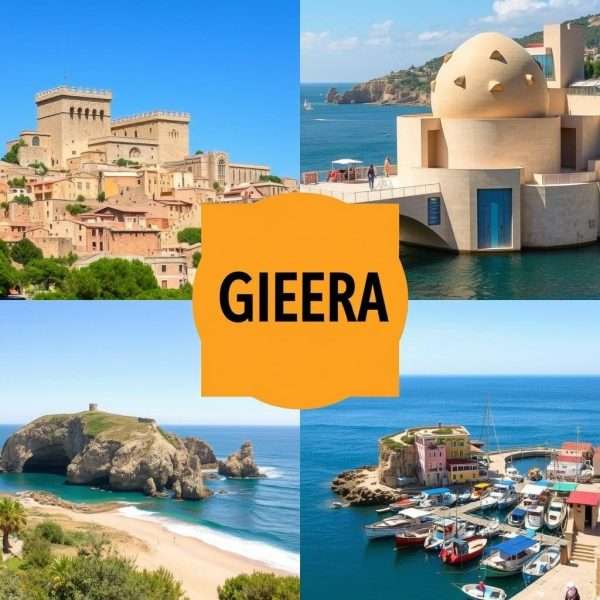 Collage of attractions near Girona beaches including medieval towns and Dalà museum Collage of attractions near Girona beaches including medieval towns and Dalà museum