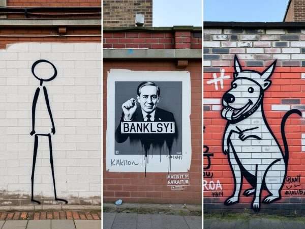 Collage of works by famous Shoreditch street artists including Banksy, Stik, and ROA Collage of works by famous Shoreditch street artists including Banksy, Stik, and ROA