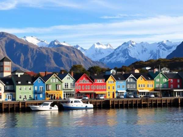 Colorful buildings along the waterfront in Puerto Natales with mountains in the background Colorful buildings along the waterfront in Puerto Natales with mountains in the background