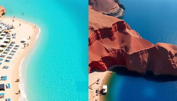 Comparison of beaches in Mykonos vs Santorini showing the contrast between golden and volcanic beaches Comparison of beaches in Mykonos vs Santorini showing the contrast between golden and volcanic beaches