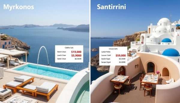 Cost comparison visualization between expenses in Mykonos vs Santorini Cost comparison visualization between expenses in Mykonos vs Santorini