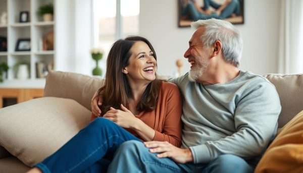 Couple laughing together after one uses a playful dirty pick up line Couple laughing together after one uses a playful dirty pick up line