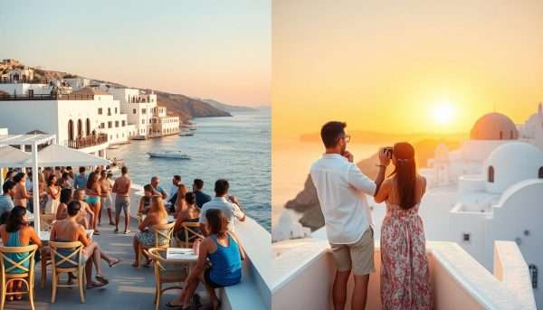 Different traveler types enjoying Mykonos vs Santorini based on their preferences Different traveler types enjoying Mykonos vs Santorini based on their preferences