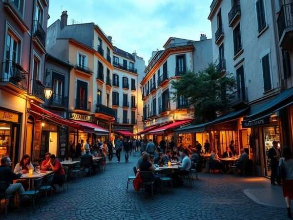Evening scene in La Latina neighborhood of Madrid showing people enjoying outdoor dining at traditional tapas restaurants Evening scene in La Latina neighborhood of Madrid showing people enjoying outdoor dining at traditional tapas restaurants