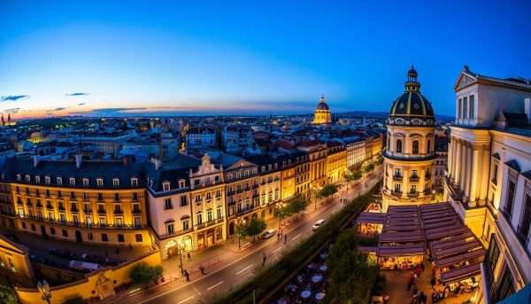 Evening view of Madrid with illuminated buildings and streets as people enjoy the nightlife - perfect ending image for a Madrid one day itinerary Evening view of Madrid with illuminated buildings and streets as people enjoy the nightlife - perfect ending image for a Madrid one day itinerary