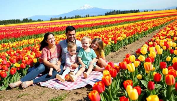 Family enjoying picnic among tulip fields at Skagit Valley Tulip Festival Family enjoying picnic among tulip fields at Skagit Valley Tulip Festival