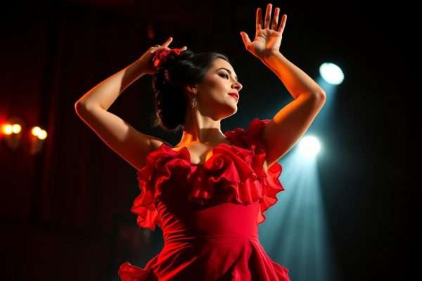 Flamenco dancer performing in traditional red dress at a Madrid tablao with dramatic lighting Flamenco dancer performing in traditional red dress at a Madrid tablao with dramatic lighting