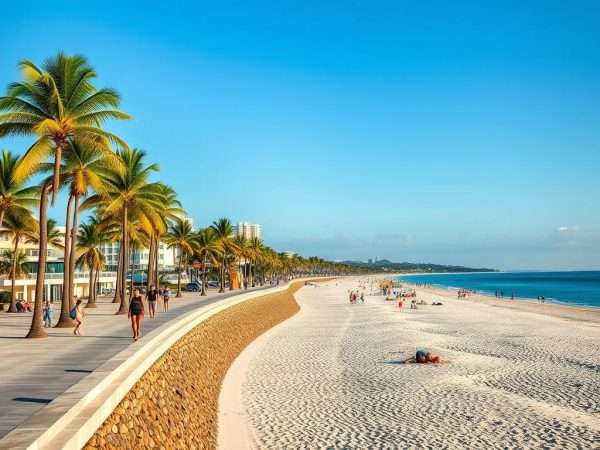 Fort Lauderdale Beach with palm-lined promenade and blue water in December