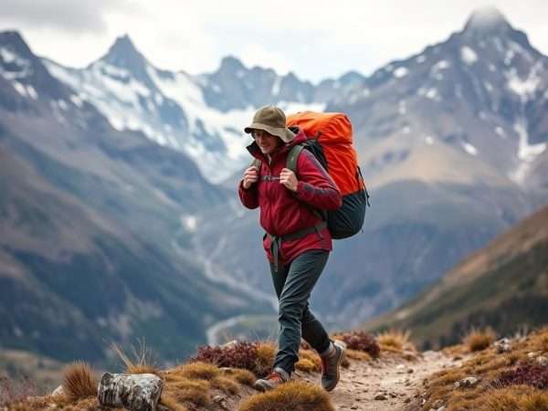 Hiker with backpack on a trail in Patagonia with mountains in the background Hiker with backpack on a trail in Patagonia with mountains in the background