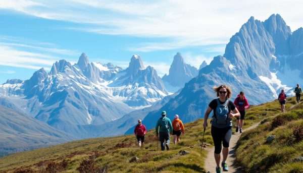 Hikers on a trail in Torres del Paine with the iconic mountains in the background