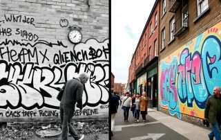 Historical comparison of Shoreditch street art showing the evolution from 1990s graffiti to modern murals