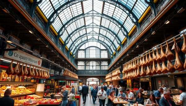 Interior of Mercado San Miguel food market in Madrid showing various food stalls and people enjoying tapas Interior of Mercado San Miguel food market in Madrid showing various food stalls and people enjoying tapas