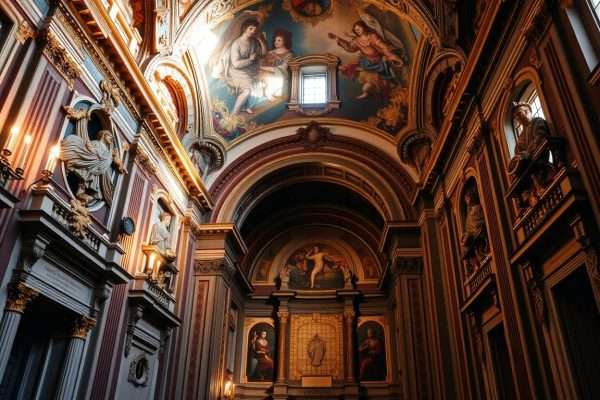 Interior of Salerno Cathedral showing ornate baroque decorations and frescoes Interior of Salerno Cathedral showing ornate baroque decorations and frescoes