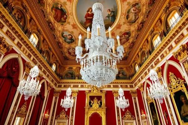 Interior view of the Royal Palace of Madrid showing the ornate Throne Room with red velvet walls and gold details Interior view of the Royal Palace of Madrid showing the ornate Throne Room with red velvet walls and gold details