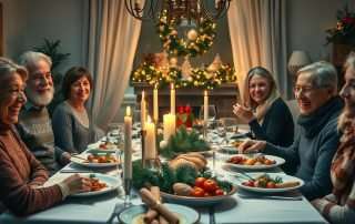 Italian family gathered around a Christmas dinner table with traditional dishes
