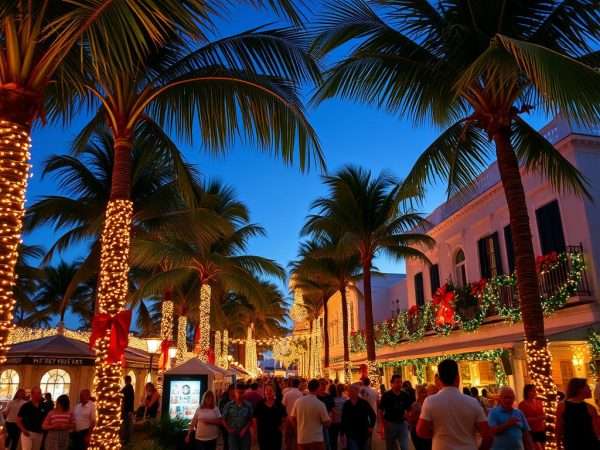 Key West Holiday Fest with decorated palm trees and boats