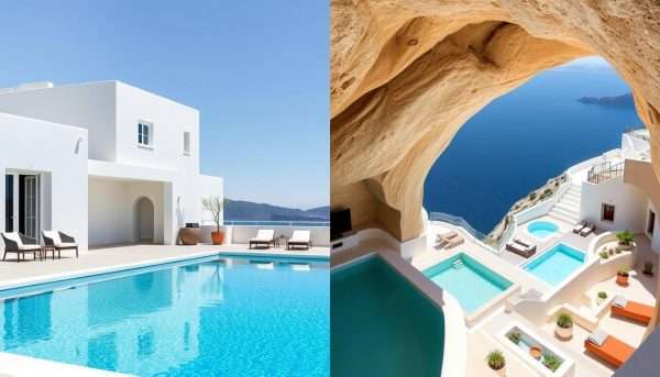 Luxury accommodations comparison between Mykonos vs Santorini showing typical hotel styles Luxury accommodations comparison between Mykonos vs Santorini showing typical hotel styles