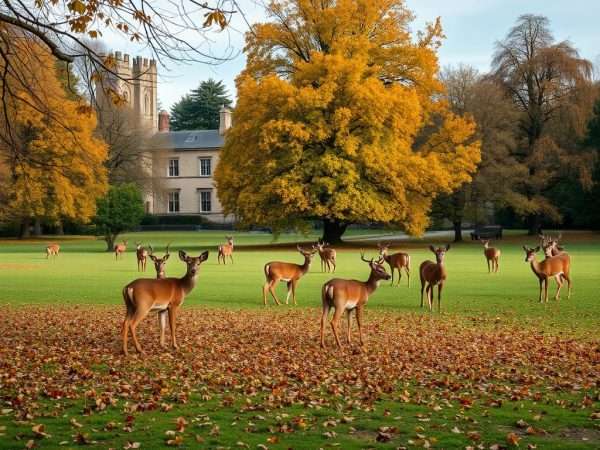 Magdalen College Deer Park with autumn trees and deer Magdalen College Deer Park with autumn trees and deer