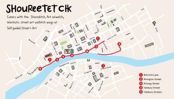 Map of a self-guided Shoreditch street art walking route with key locations marked Map of a self-guided Shoreditch street art walking route with key locations marked