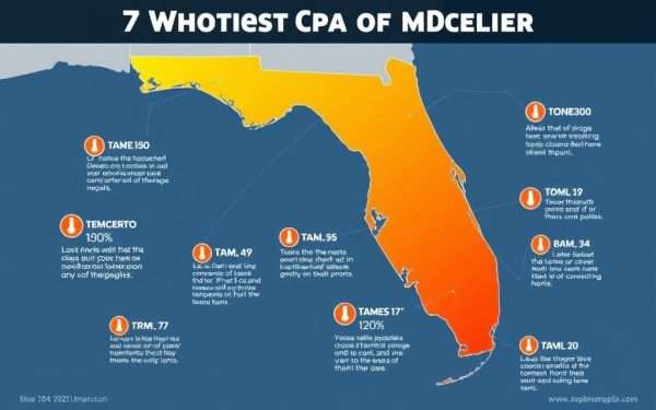 Map showing the hottest Florida beaches in December with temperature indicators