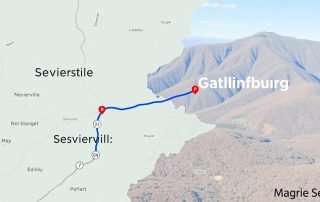 Map showing the route from Sevierville to Gatlinburg with distance markers