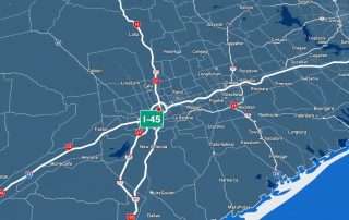 Map showing the route options for Dallas to Houston drive with I-45 highlighted as the main route