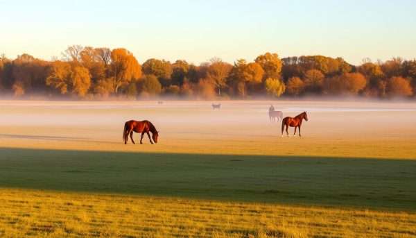 Misty autumn morning at Port Meadow, Oxford with grazing horses Misty autumn morning at Port Meadow, Oxford with grazing horses