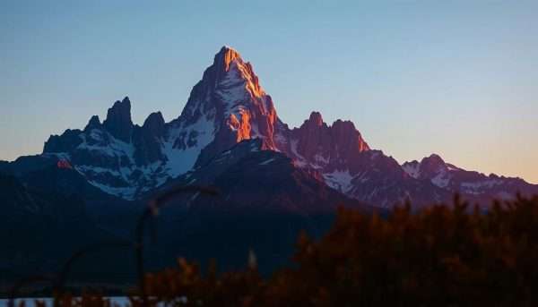 Mount Fitz Roy at sunrise with its distinctive peaks glowing red against a blue sky Mount Fitz Roy at sunrise with its distinctive peaks glowing red against a blue sky