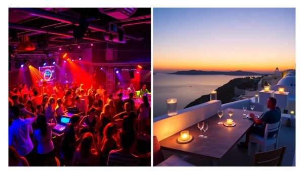 Nightlife comparison between Mykonos vs Santorini showing vibrant clubs versus romantic sunset bars Nightlife comparison between Mykonos vs Santorini showing vibrant clubs versus romantic sunset bars