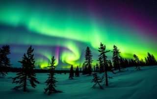 Northern Lights dancing over a snowy Finnish landscape