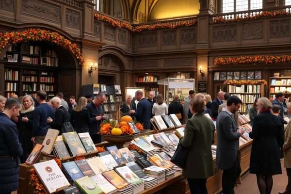 Oxford Literary Festival autumn event with books and autumn decorations Oxford Literary Festival autumn event with books and autumn decorations