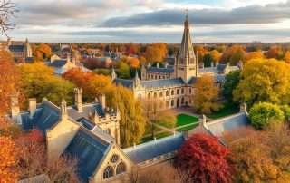 Oxford's Christ Church College surrounded by autumn foliage with golden and red leaves