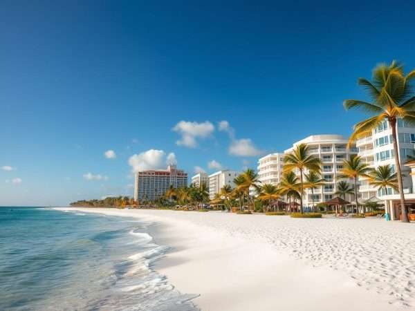 Palm Beach shoreline with luxury resorts and palm trees in December sunshine