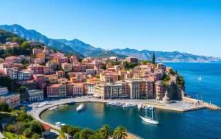 Panoramic view of Salerno Coast with its colorful buildings and blue Mediterranean waters