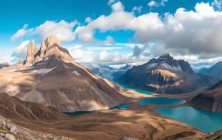 Panoramic view of Torres del Paine National Park in Patagonia with its iconic mountain peaks and turquoise lakes