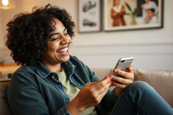Person laughing at a pun-based dirty pick up line on their phone Person laughing at a pun-based dirty pick up line on their phone