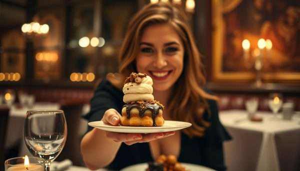 Person offering dessert with a flirty smile, suggesting a food-themed dirty pick up line Person offering dessert with a flirty smile, suggesting a food-themed dirty pick up line