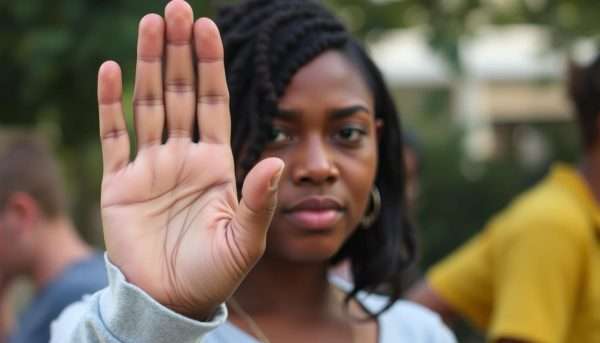 Person showing a stop gesture indicating importance of consent with dirty pick up lines Person showing a stop gesture indicating importance of consent with dirty pick up lines
