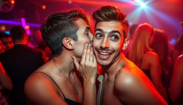 Person whispering a raunchy pick up line in someone's ear at a party Person whispering a raunchy pick up line in someone's ear at a party