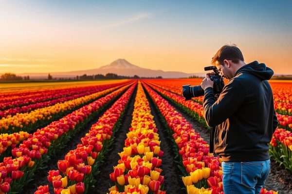 Photographer capturing tulip fields with Mount Baker in background at Skagit Valley Tulip Festival Photographer capturing tulip fields with Mount Baker in background at Skagit Valley Tulip Festival